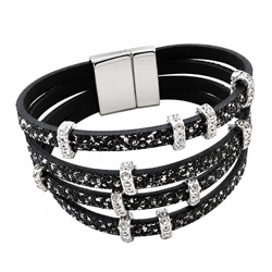 Black Leather Cuff with Sparkling Crystal CZ Accents