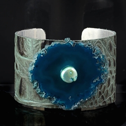 Beautiful Embossed Green Leather Cuff with Teal Blue Agate & Pearl