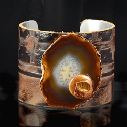 Embossed Earth Tone Leather Cuff with Agate & Pearl