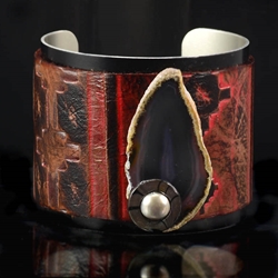 Embossed Earth Tone Leather Cuff with Black Agate & Pearl