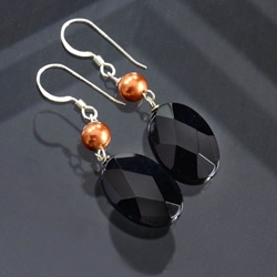Black Onyx with Swarovski Copper Pearl Dangle Earrings