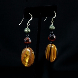 Tiger Eye Stone Swarovski Crystal & Pearl Dangle Earrings