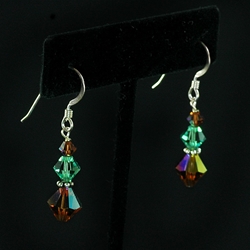 Swarovski Golden Brown Iridescent Dangle with Sparkling Green Crystal with Sterling Silver Earrings
