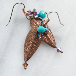 Sedona Textured Leaf Dangle Earrings with Purple & Turquoise Swarovski Crystals & Beads