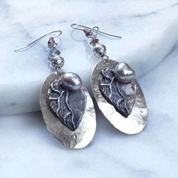 Sedona Silver with Pewter Leaves & Biwa Pearl topped with Swarovski Crystals Earrings