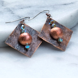 Sedona Hammered Copper Earrings with Copper Bead and Turquoise Crystals