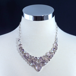 Rose & Clear Quartz with Amethyst & Pearls Set in Sterling Silver Necklace