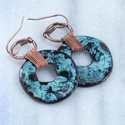Hammered Turquoise Metal Hoops with Copper Detail Earrings