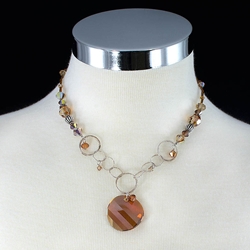 Etched Copper Swarovski Pendant & Copper Crystals with Sterling Silver Necklace