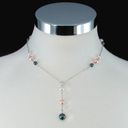 Swarovski Crystals & Pearls in Gray, Rose & White on Sterling Silver Chain Necklace