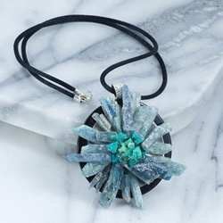 Sunburst of Kyanite with Turquoise & Swarovski Crystals Flower Pendant