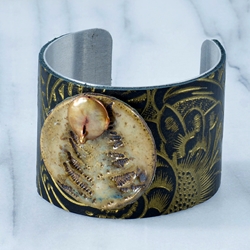 Embossed Black & Gold Leather Cuff with Gold Biwa Peal on Replicated Fossil