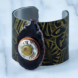 Embossed Black & Gold Leather Cuff with Green Stone set in Silver on Agate