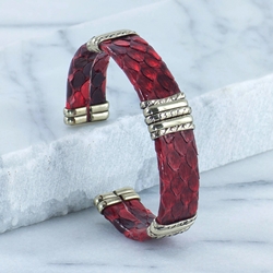 Red Snakeskin Leather Bracelet with Silver and Gold Trim