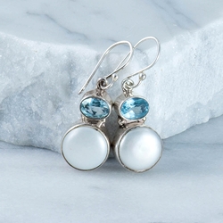 Blue Topaz,  Pearl & Sterling Silver Earrings
