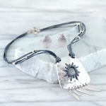 Silver and Gray Leather Medallion Necklace with Earrings