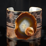 Embossed Earth Tone Leather Cuff with Agate & Pearl