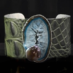Embossed Green Leather Cuff with Sky Blue Agate & Pearl