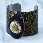 Embossed Black & Gold Leather Cuff with Green Stone set in Silver on Agate