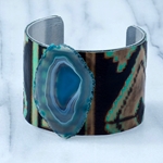 Embossed Brown & Turquoise Leather Cuff with Turquoise Blue Agate