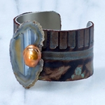 Brown Embossed Leather Cuff with Gold Biwa Pearl Set on Agate Stone
