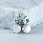 Blue Topaz,  Pearl & Sterling Silver Earrings